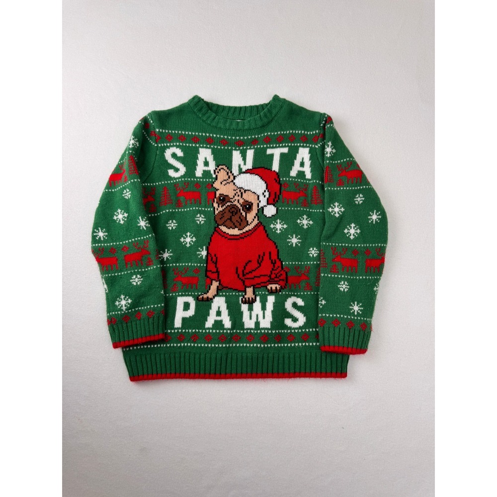 Holiday Time Santa Paws Ugly Christmas Sweater Kids Small 6-7 Green Pug Knit